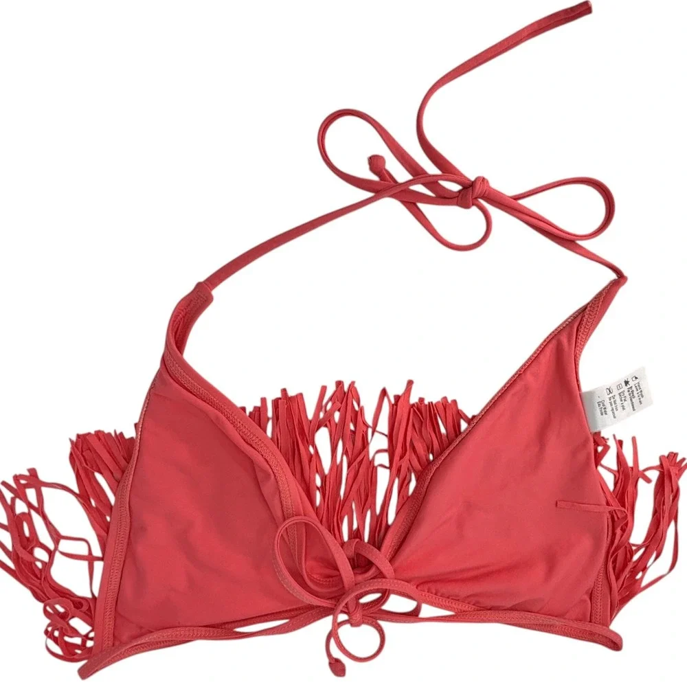 LSpace Coral Fringe Bikini Top D Cup Halter Tie Swimwear USA Womens